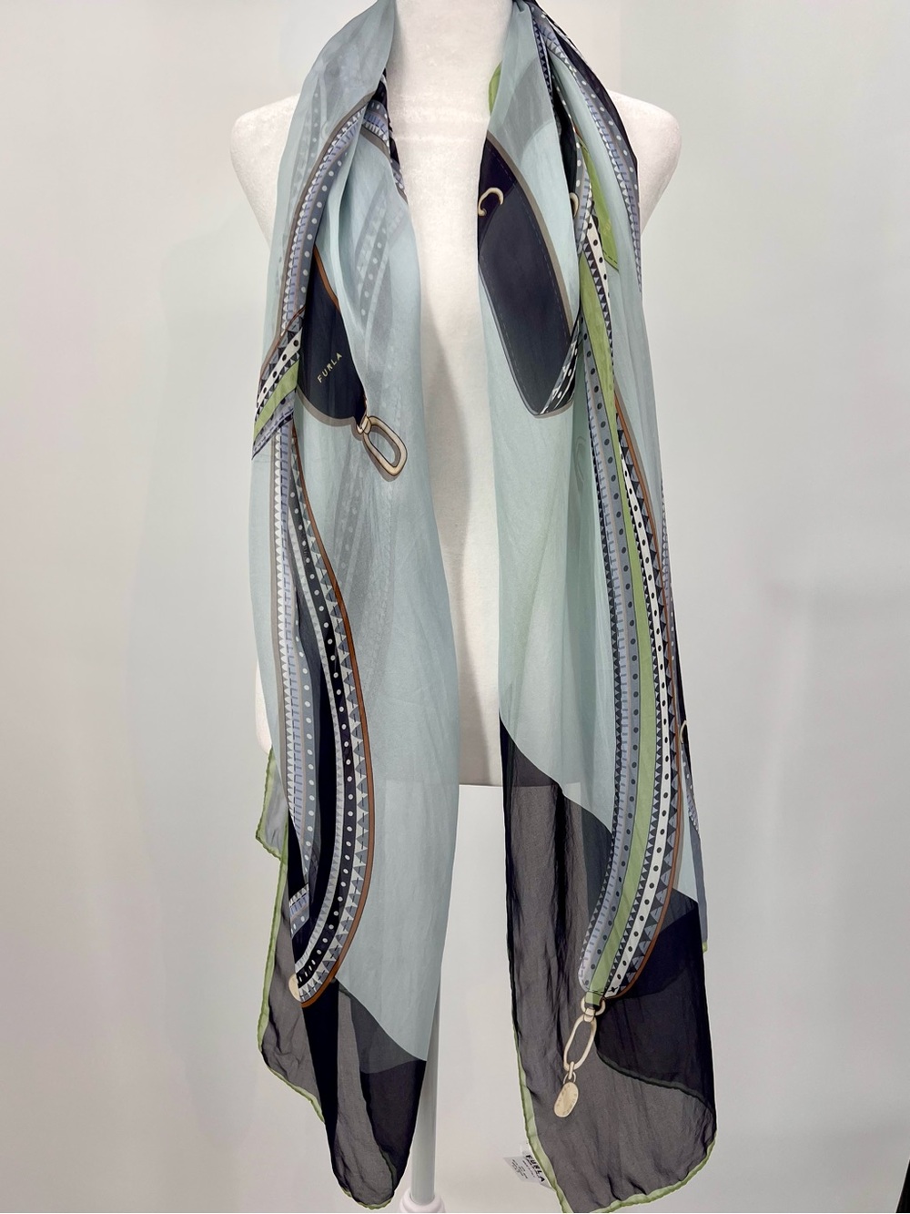 Furla Silk Scarf Made in Italy Blue Green Black Equestrian Strap Print Wrap